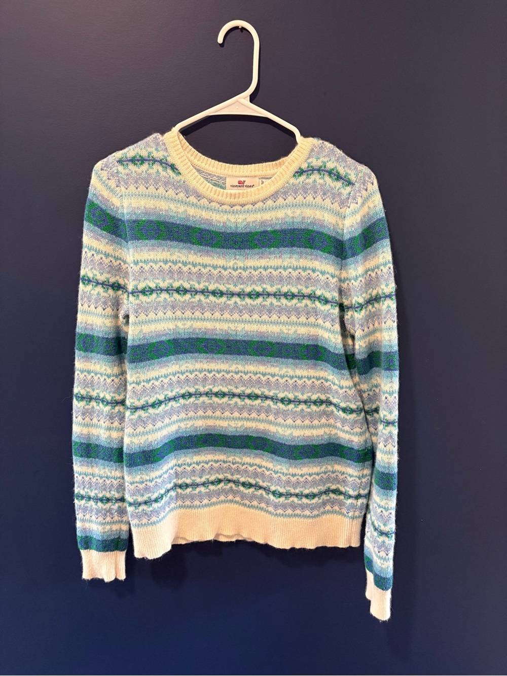 Vineyard Vines Cream & Teal Cashmere Blend Striped Fair Isle Crewneck Sweater